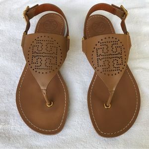 TORY BURCH PRE-OWNED DANIELA PERFORATED LEATHER LOGO SANDALS size 7.5